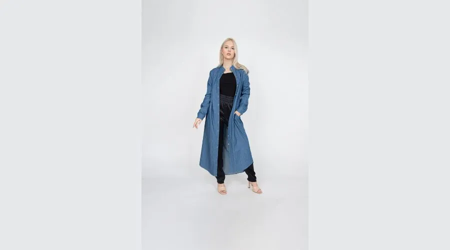 Denim trench coat with frayed seams and hem