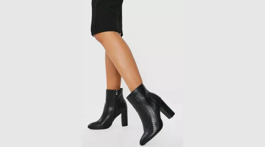 Wide Fit Round Toe Croc Block Heel Ankle Boots