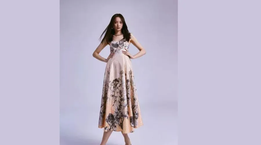 Hydrangea Bloom Print Metallic Jacquard Maxi Prom Dress