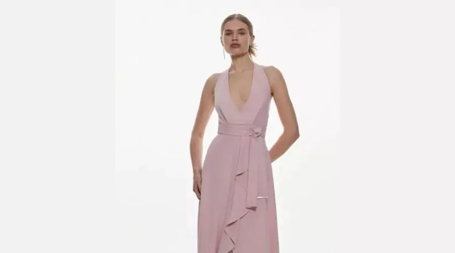 Soft Tailored Waterfall Halter Maxi Dress