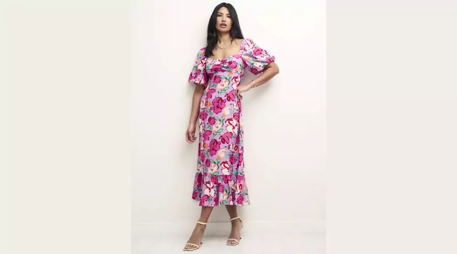 Pink Floral Sweetheart Neck Darcie Midi Dress