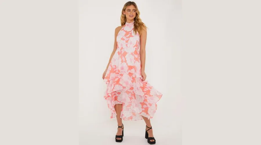 Be Beau Orange Floral Tiered Chiffon Midaxi Dress