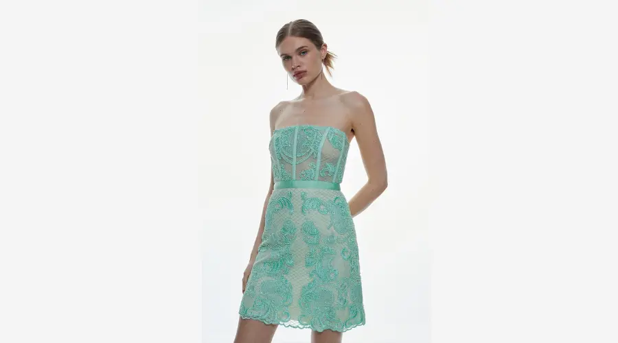 Beaded Embroidered Lace Corseted Mini Dress | Celebzero