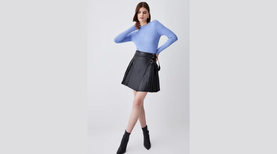 Leather Pleated Buckle Kilt Skirt