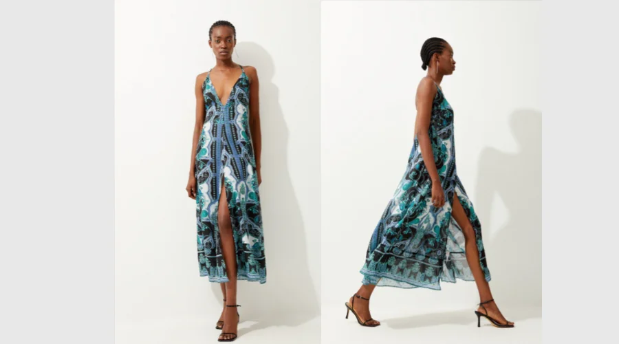 Maxi Beach Dress with Mirrored Print and Embellishments