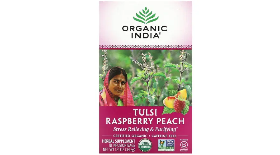 Organic India, Tulsi Raspberry Peach, Caffeine Free, 18 Infusion Bags | Findwyse