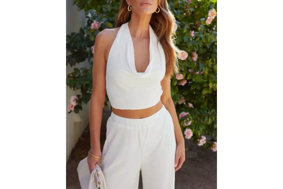 MADONNA PLISSE COWL NECK HALTER TOP - WHITE