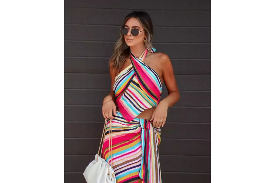 DERREN STRIPED WRAP HALTER TOP - MULTI 