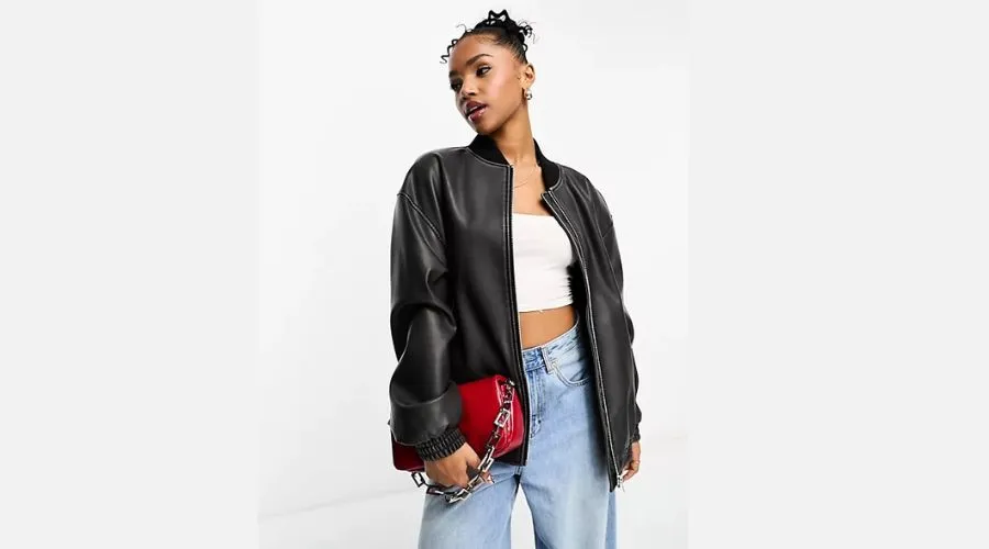 Pull&Bear - Oversized Faux Leather Bomber Jacket in Black
