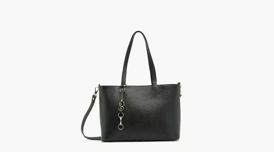Black Handbag with a Decorative Keychain