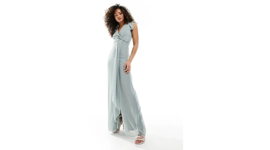 TFNC Bridesmaid Maxi Dress With Flutter Sleeves and Ruffle Detail in Sage