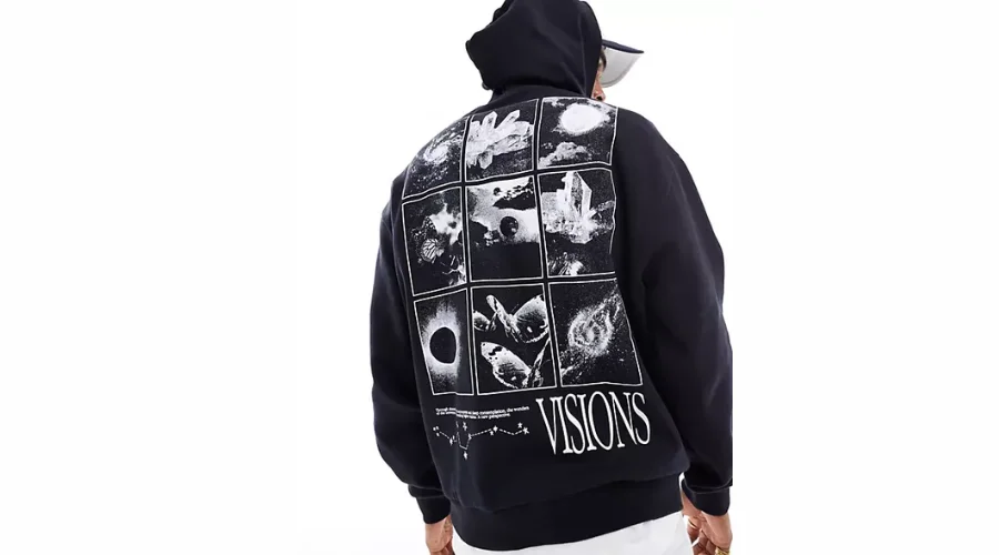 Asos Design Oversized Hoodie in Black With Space Photo Print