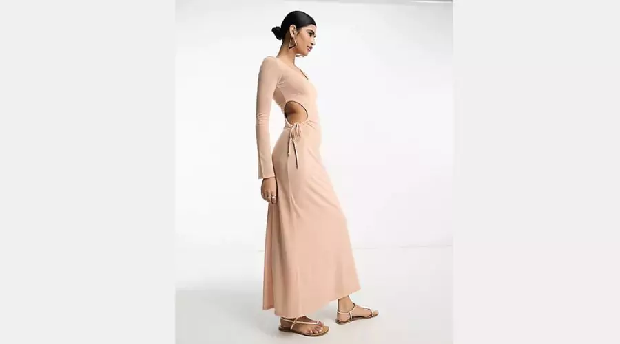 Asos Design High Neck Ruched Maxi Dress With Belt Detail - Dusty Pink