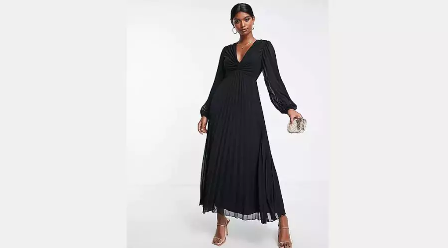 Asos Design Midi Dress With Pleated Body and Plunging Neckline in Black