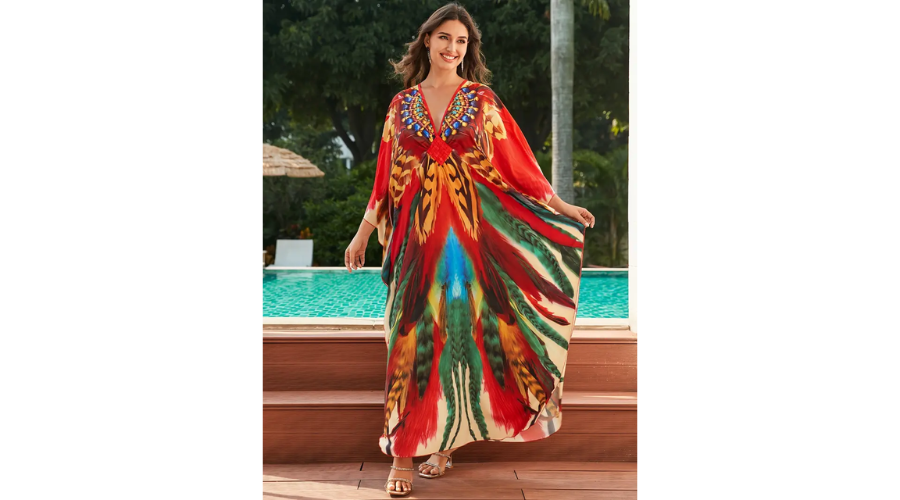 Boho Chic Plus Size Colorful Feather Print Beach Kaftan Dress