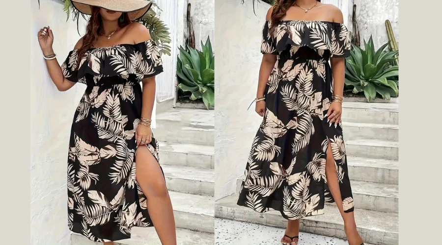 Plus Size Leaf Print Ruffle Off Shoulder Split Maxi Dress