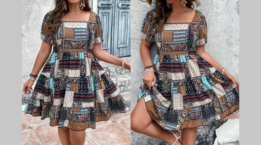 Vibrant Plus Size Paisley Patchwork Swing Dress 